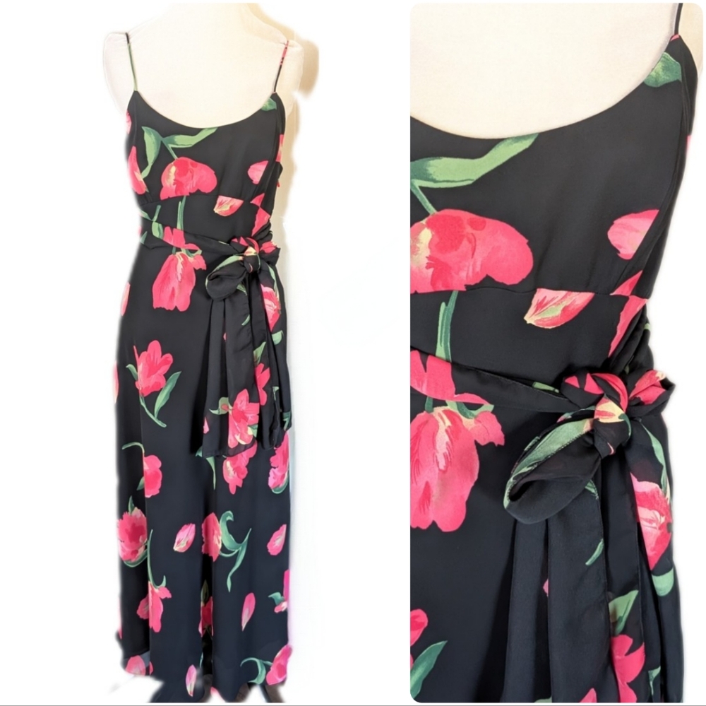 Vintage Chiffon Dress Sz 10 Black Floral Long Tie Waist Pink Red Maxi NOS Formal